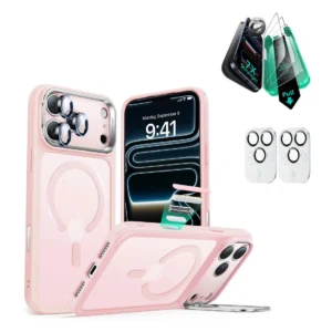 iphone 17 pro bundle classic hybrid magnetic case (camera control, stash stand) and armorite screen protector frosted bubblegum pink